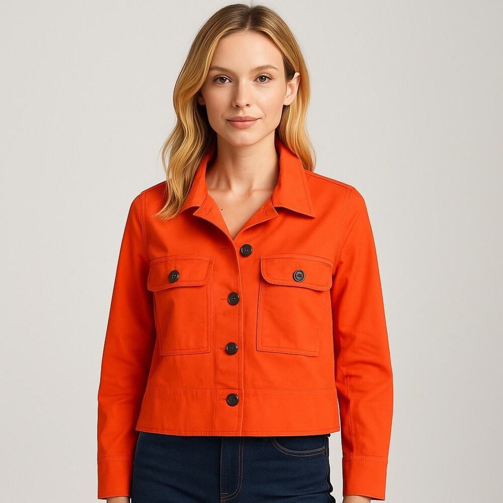 Cabi Women Orange Utility Jacket Blazer Crop Size XS Cotton Spandex Bold Modern